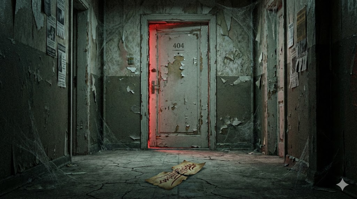 낡은 복도 끝, 칠이 벗겨진 404호 현관문. 문틈으로 새어 나오는 희미하고 불안한 붉은 빛과 바닥에 떨어진 찢겨진 부적 한 장
