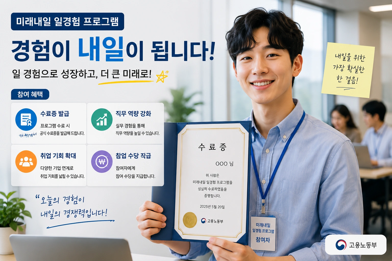 미래내일 일경험 프로그램을 성공적으로 마친 청년이 수료증을 들고 성취감을 표현하는 모습