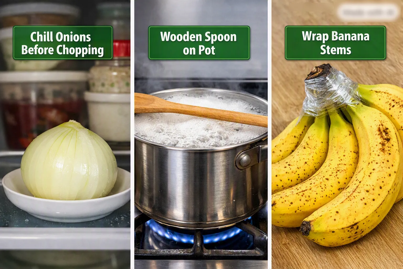Chilled onion in refrigerator, wooden spoon across boiling pot, and bananas with wrapped stems showing simple kitchen hacks to save time.
