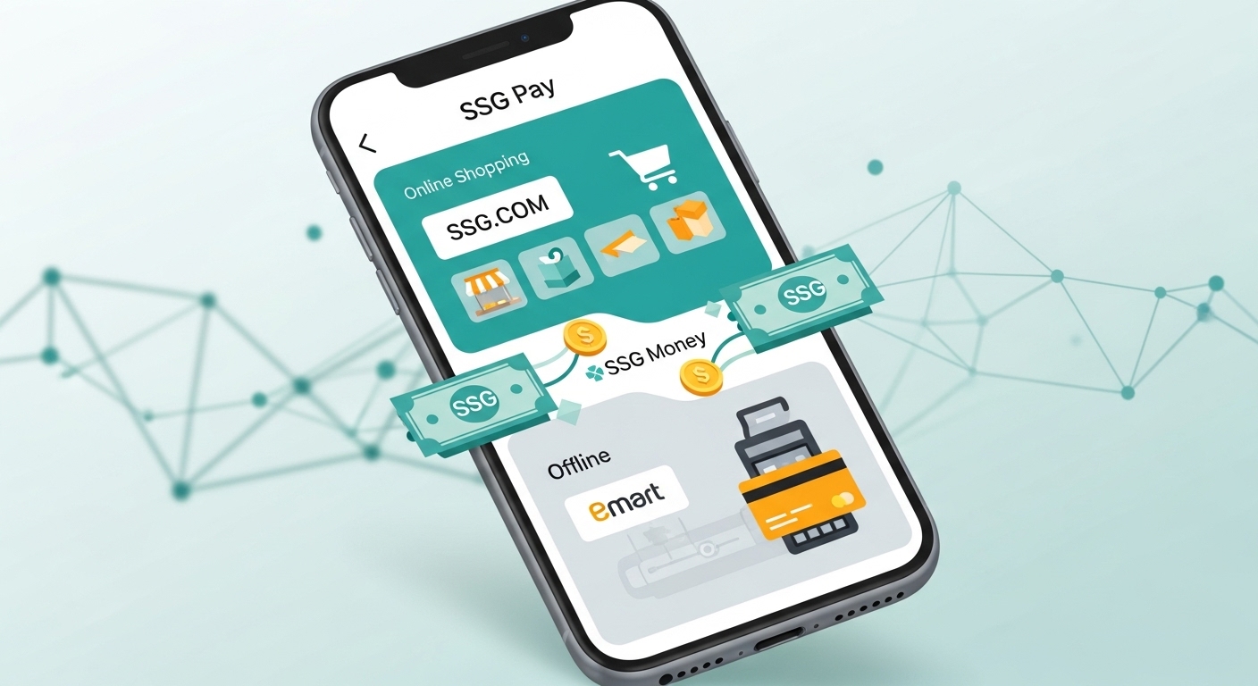 쓱페이 앱 화면에서 쓱머니가 온라인과 오프라인에서 편리하게 사용되는 모습을 보여주는 이미지.