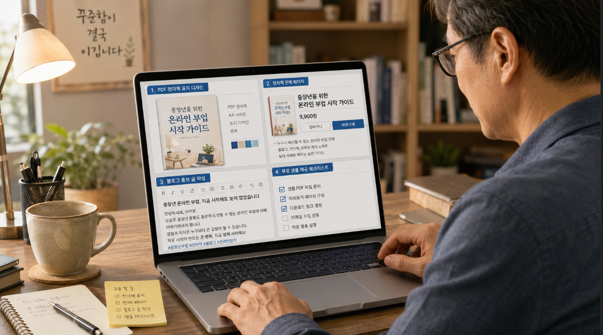 PDF 전자책 판매 페이지와 블로그 홍보 글을 준비하는 온라인 부업 장면
