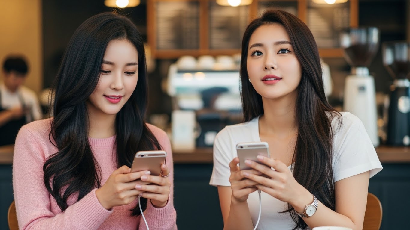 스마트폰을 충전하는 여성들