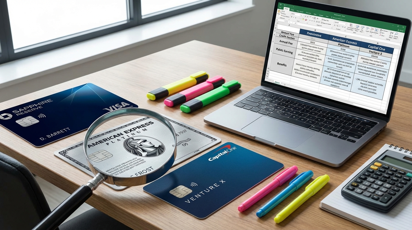 クレジットカード比較、複数のカードを並べて検証、虫眼鏡、比較表、電卓