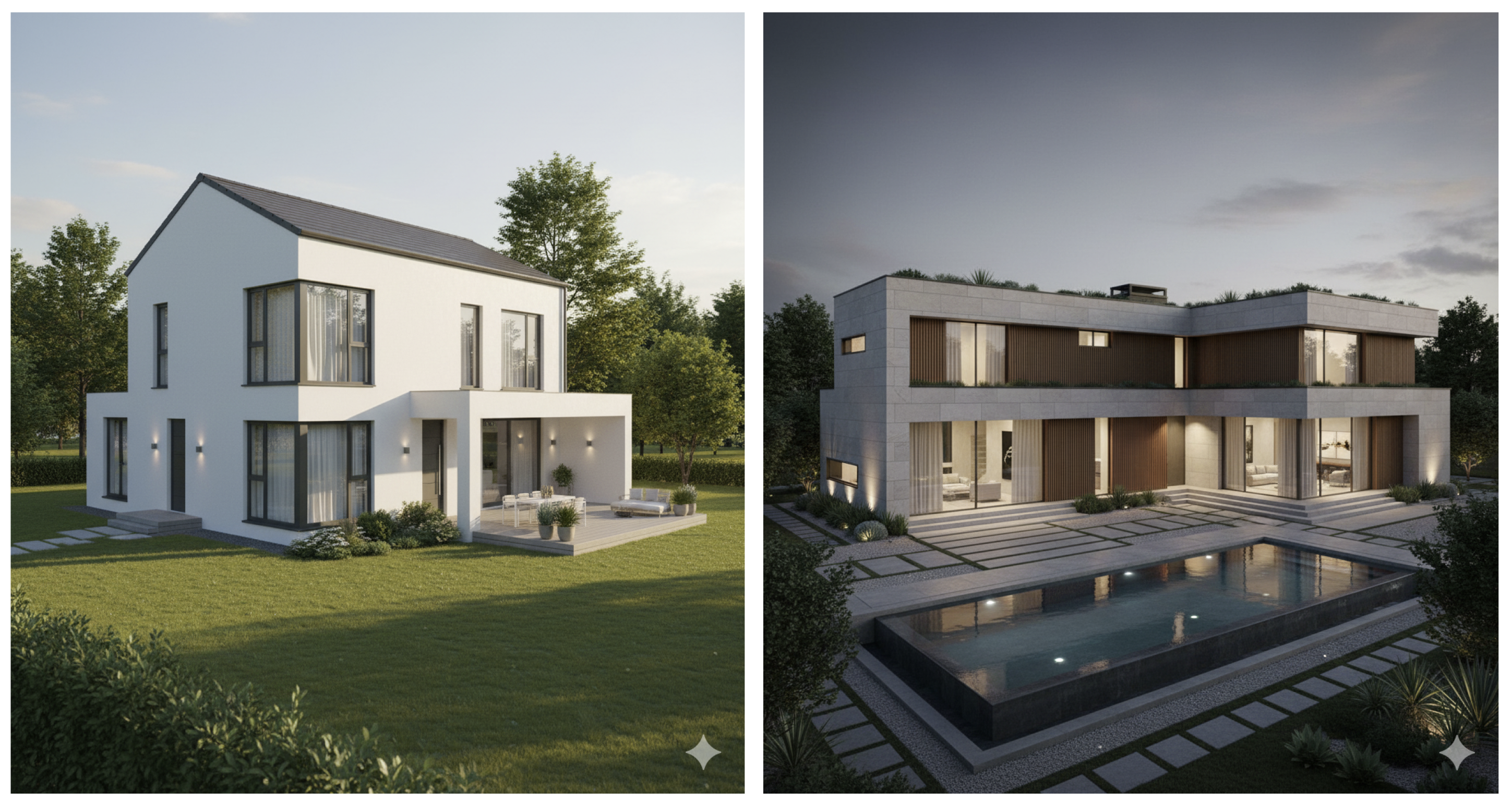 평면도를 바탕으로 자연속의 전원주택에서 현대식 주택으로의 사실적인 3D렌더링을 디자인합니다.