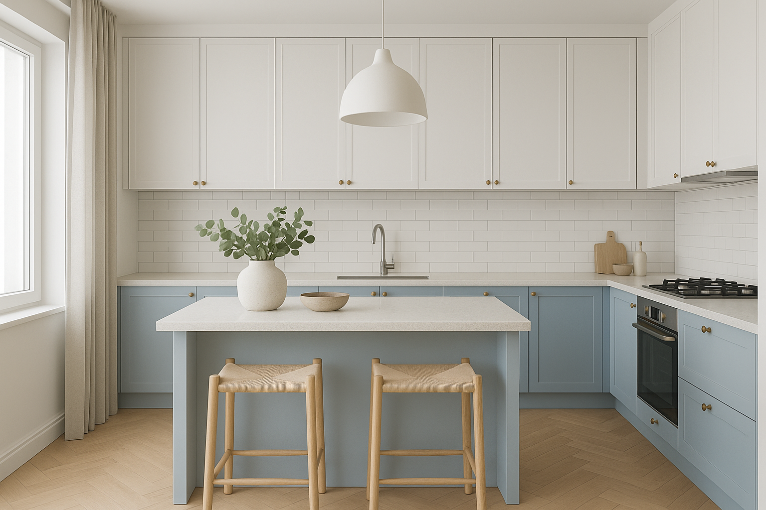 페일 블루 포인트로 꾸민 주방 모습