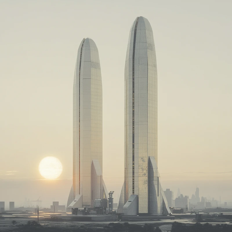 미래 도심의 스카이라인은 경제 성장이 S&P500 전망에 미치는 긍정적인 영향을 상징하며 따뜻한 색조로 낙관적인 경제 전망을 강조한다.