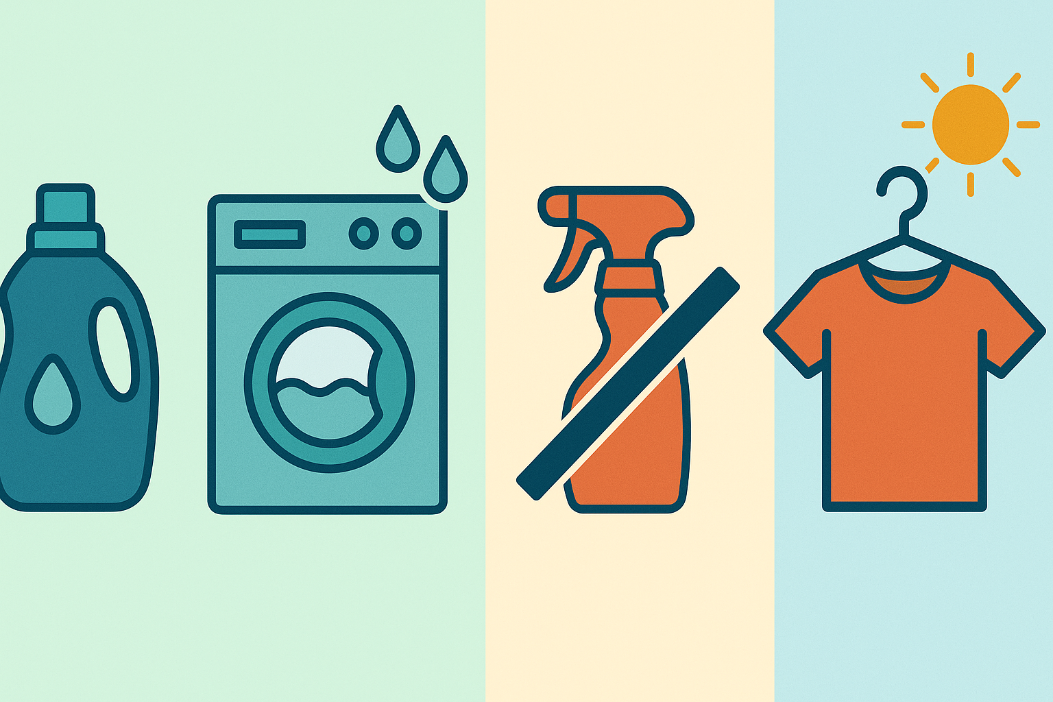 새 옷 세탁 시 피부 자극을 줄이기 위한 아이콘 일러스트: 세제, 세탁기와 물방울, 섬유유연제 금지, 햇볕에 옷 건조 모습