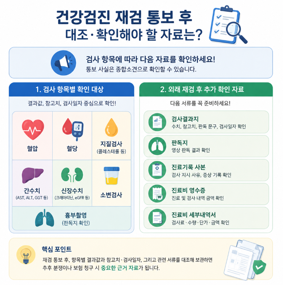 건강검진 재검 통보 후 검사 항목별 결과표와 외래 재검 자료를 대조하는 방법을 정리한 인포그래픽