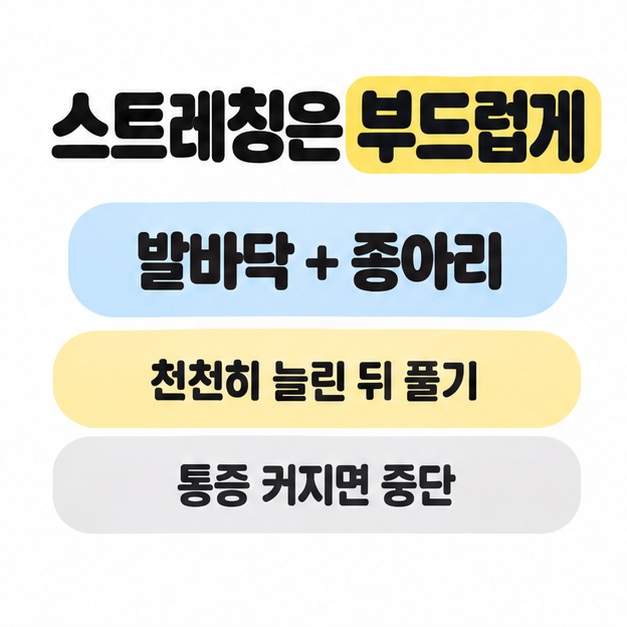 발바닥과 종아리를 천천히 늘린 뒤 풀고 통증이 커지면 중단하라는 스트레칭 안내 카드
