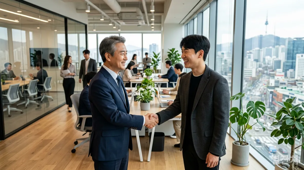 한국 대기업 CEO와 스타트업 창업자가 협력하여 상생하는 모습