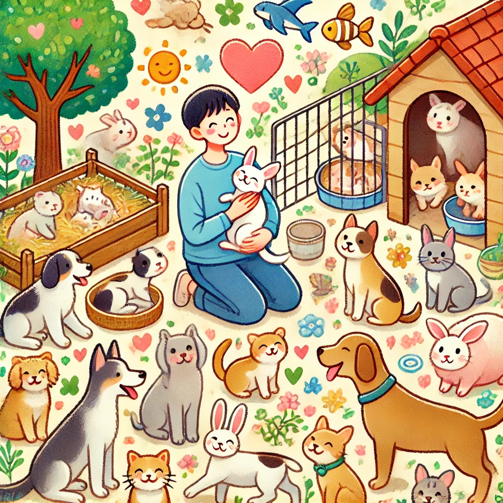 다양한 동물들과 놀아주는 남자 그림