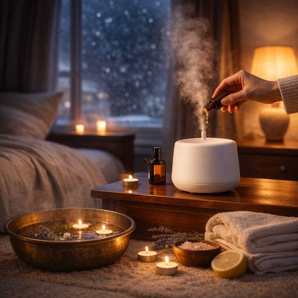 겨울 밤 침실에서 디퓨저에 에센셜 오일을 떨어뜨리며 숙면을 준비하는 아로마테라피