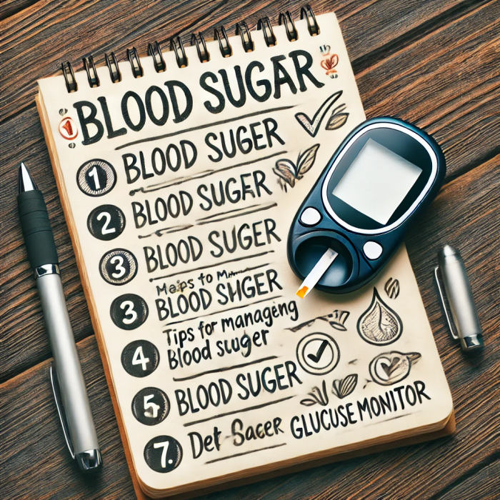 혈당 조절과 관련된 체크리스트: 손글씨 스타일로 작성된 혈당 관리 팁 체크리스트 이미지.