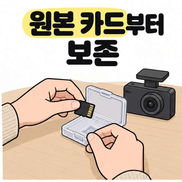 원본 카드부터 보존 문구 아래 블랙박스 옆에서 메모리카드를 투명 보관 케이스에 넣는 두 손