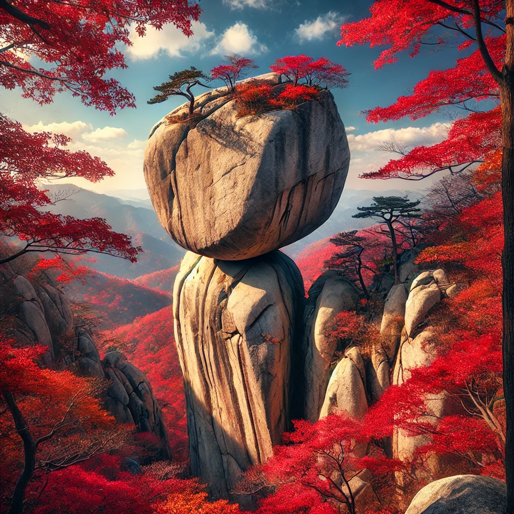 가을 단풍으로 물든 설악산의 절경, 선명한 바위 절벽과 맑은 하늘을 배경으로 한 아름다운 풍경.