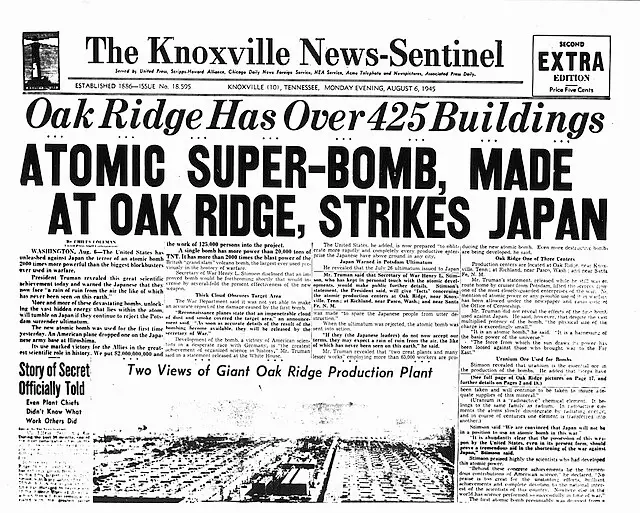 1945년 8월 6일, 히로시마 원폭 투하를 보도한 미국 Knoxville News-Sentinel 신문 1면