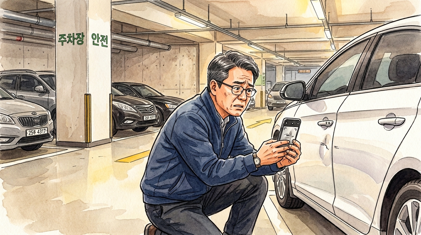 문콕 피해를 확인하여 당황스런 모습으로 스마트폰으로 사진을 찍는 모습.