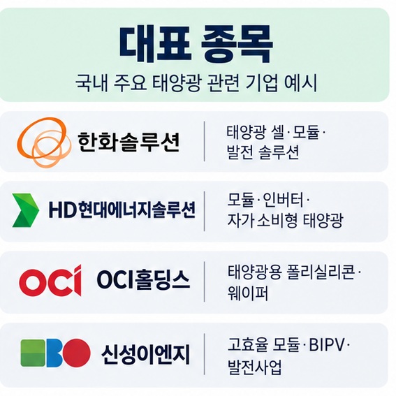 한화솔루션 HD현대에너지솔루션 OCI홀딩스 신성이엔지의 태양광 연결 분야를 표로 정리한 이미지