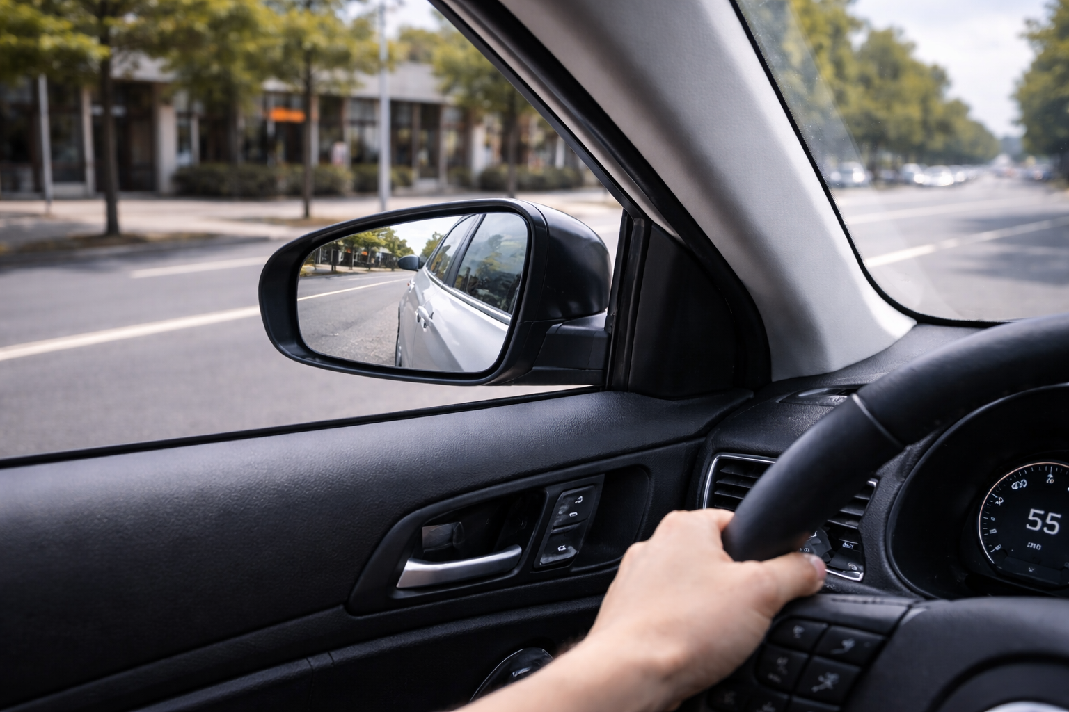 차체가 과도하게 보이고 옆 차로가 거의 보이지 않는 잘못된 사이드미러 각도 예시
