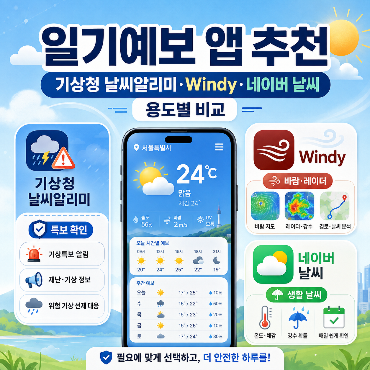 일기예보 앱 추천｜기상청 날씨알리미&middot;Windy&middot;네이버 날씨, 용도별 비교