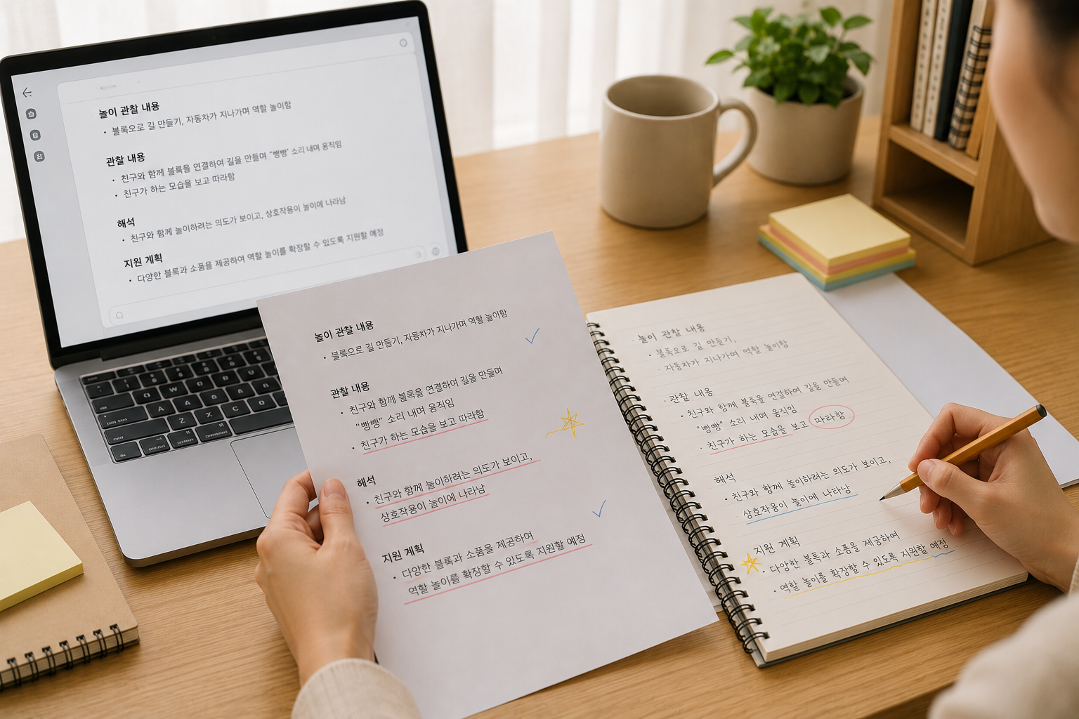 교사가 출력된 문서와 노트북 내용을 비교하며 검토하는 장면.