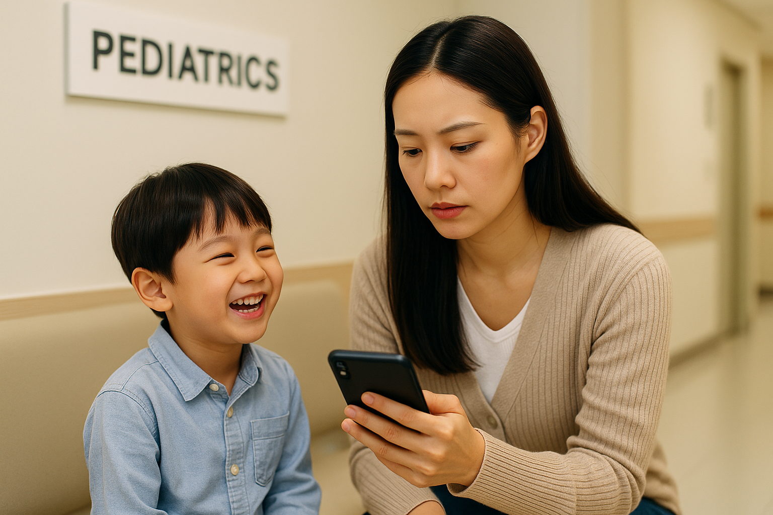 소아과 진료를 기다리는 어린이와 보호자