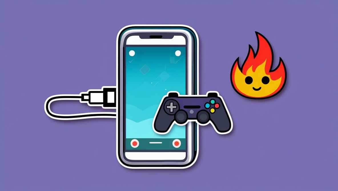 게임을 하거나, 충전 중인 스마트폰 아이콘 위에 불꽃 이모지가 있는 모습