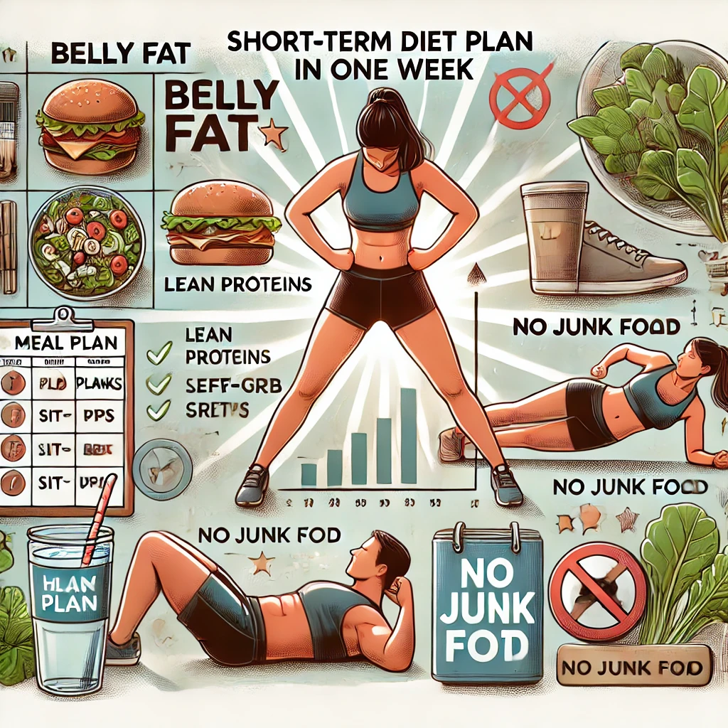 단기간 다이어트: 일주일 안에 뱃살 빼는 비결을 시각적으로 표현한 이미지입니다! 🏋️♂️🥗🔥
빠르고 건강한 감량을 위한 운동, 식단, 수분 섭취 등을 강조