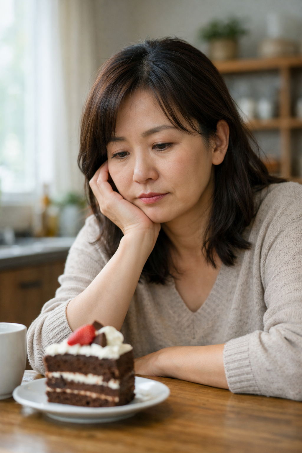 갱년기 이후 단 것이 당기는 이유를 고민하는 중년 여성의 모습