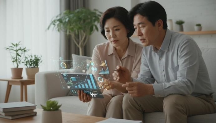 추상적인 금융 데이터를 함께 검토하는 한국인 부부. 투명한 재산 공개와 가족 간 재정 논의를 나타냅니다.