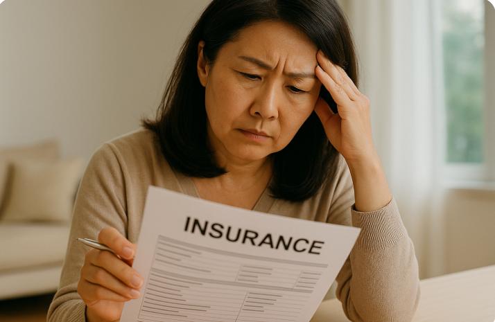 보험 서류를 들고 진지하게 검토하는 중년 여성. 보험 약관이나 진단금 내용을 확인하며 고민하는 모습.