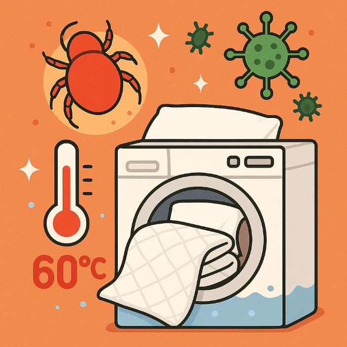 침구류를 60도 이상의 뜨거운 물로 세탁해 집먼지 진드기와 세균을 제거하는 모습을 보여주는 일러스트