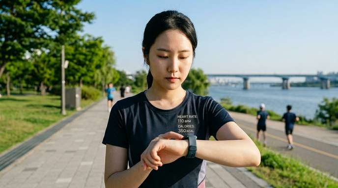 한강공원에서 스마트워치로 심박수와 운동 데이터를 확인하며 걷는 장면