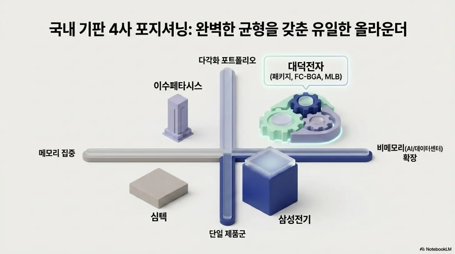 대덕전자 주가 전망: 국내 기판 4사인 대덕전자&amp;#44; 이수페타시스&amp;#44; 심텍&amp;#44; 삼성전기를 메모리 집중과 비메모리 확장 축으로 배치한 포지셔닝 이미지. 패키지&middot;FC-BGA&middot;MLB를 모두 갖춘 대덕전자의 올라운더 강점을 시각적으로 전달하며&amp;#44; 블로그의 대덕전자 경쟁사 비교 주제를 설명함