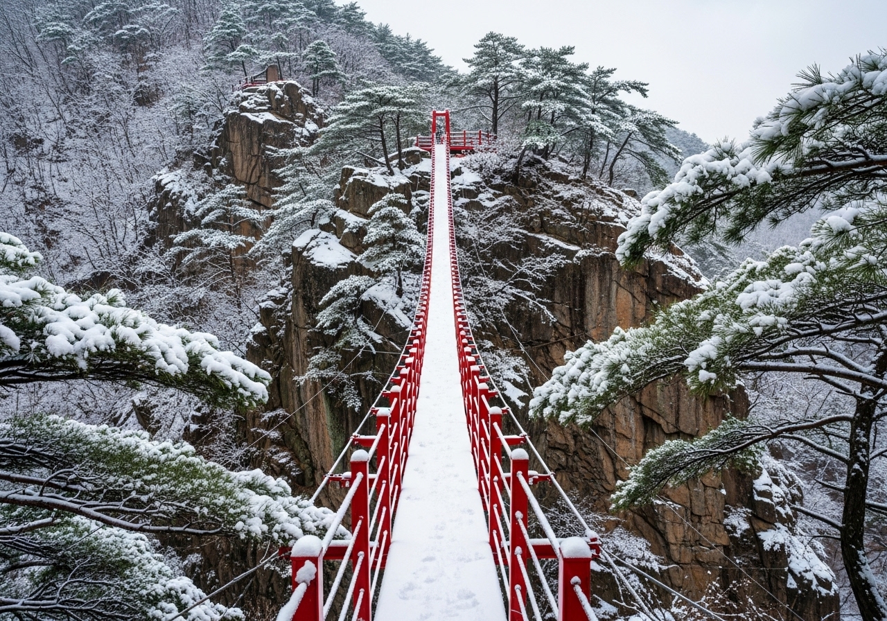 눈 덮인 완주 대둔산 금강구름다리와 기암괴석