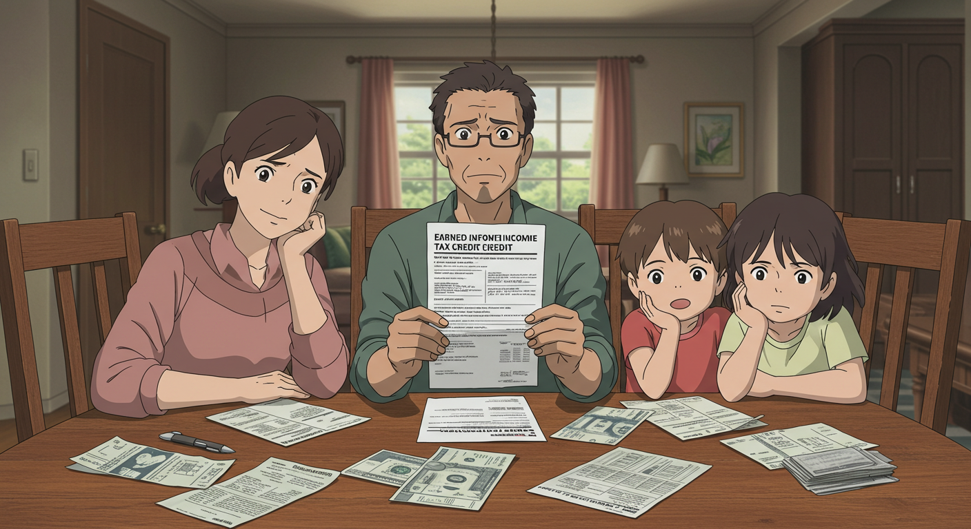 근로장려금 안내문을 확인하며 안도하는 가족