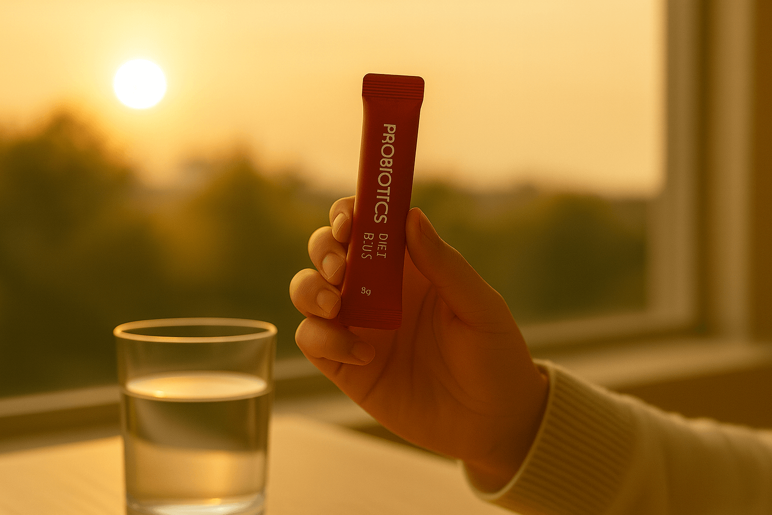 노을빛 창가에서 유산균 스틱을 손에 들고 보여주는 제품 클로즈업(옆에 물잔)