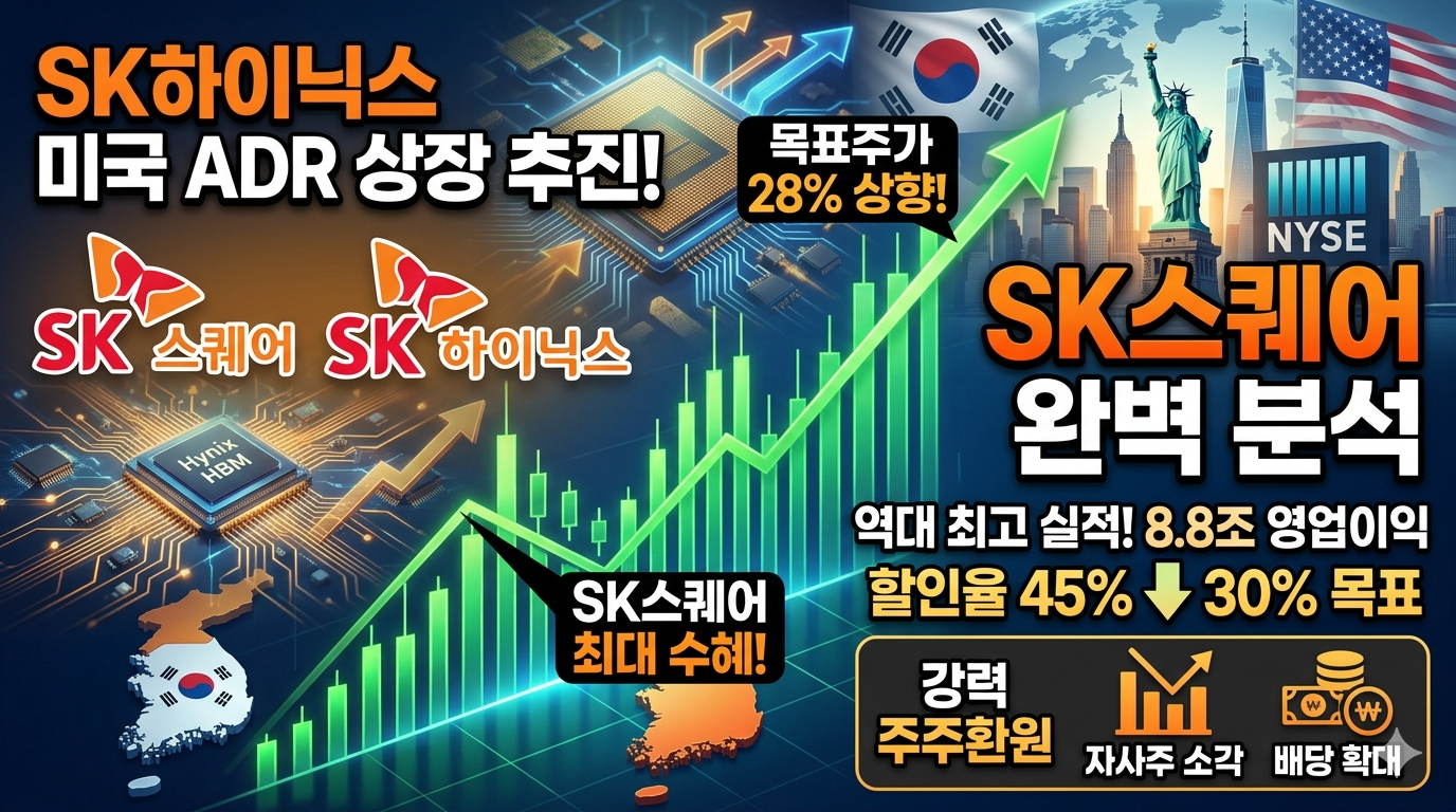 SK하이닉스 미국 증시 ADR 상장 추진 및 SK스퀘어 최대 수혜 분석 썸네일. 상승하는 주가 그래프와 함께 반도체 칩, 뉴욕 증권거래소(NYSE) 배경. 'SK스퀘어 목표주가 28% 상향', '역대 최고 실적 8.8조 영업이익', '자사주 소각 및 배당 확대 주주환원' 문구가 포함된 주식 분석 정보 이미지.