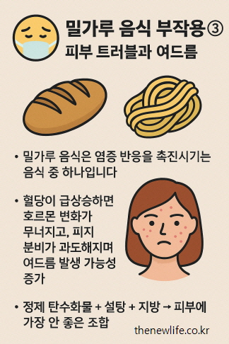 An infographic explaining how refined flour foods like bread and noodles can trigger skin problems and acne through inflammation, hormone imbalance, and excessive sebum production./빵과 면처럼 정제된 밀가루 음식이 염증 반응과 호르몬 불균형, 피지 분비 증가를 유도해 여드름 등 피부 트러블을 유발할 수 있다는 설명 인포그래픽