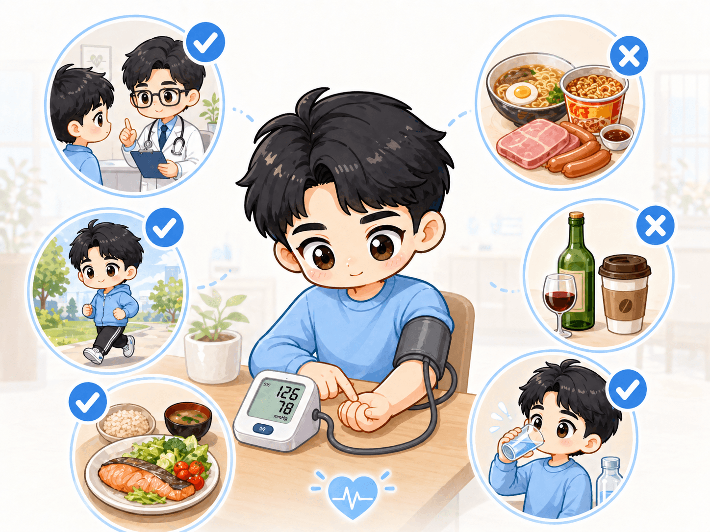 규칙적인 혈압 측정과 올바른 생활 습관을 실천하는 테라피 캐릭터
