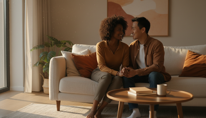 따뜻한 거실에서 서로를 바라보며 다정하게 대화하는 행복한 커플의 모습