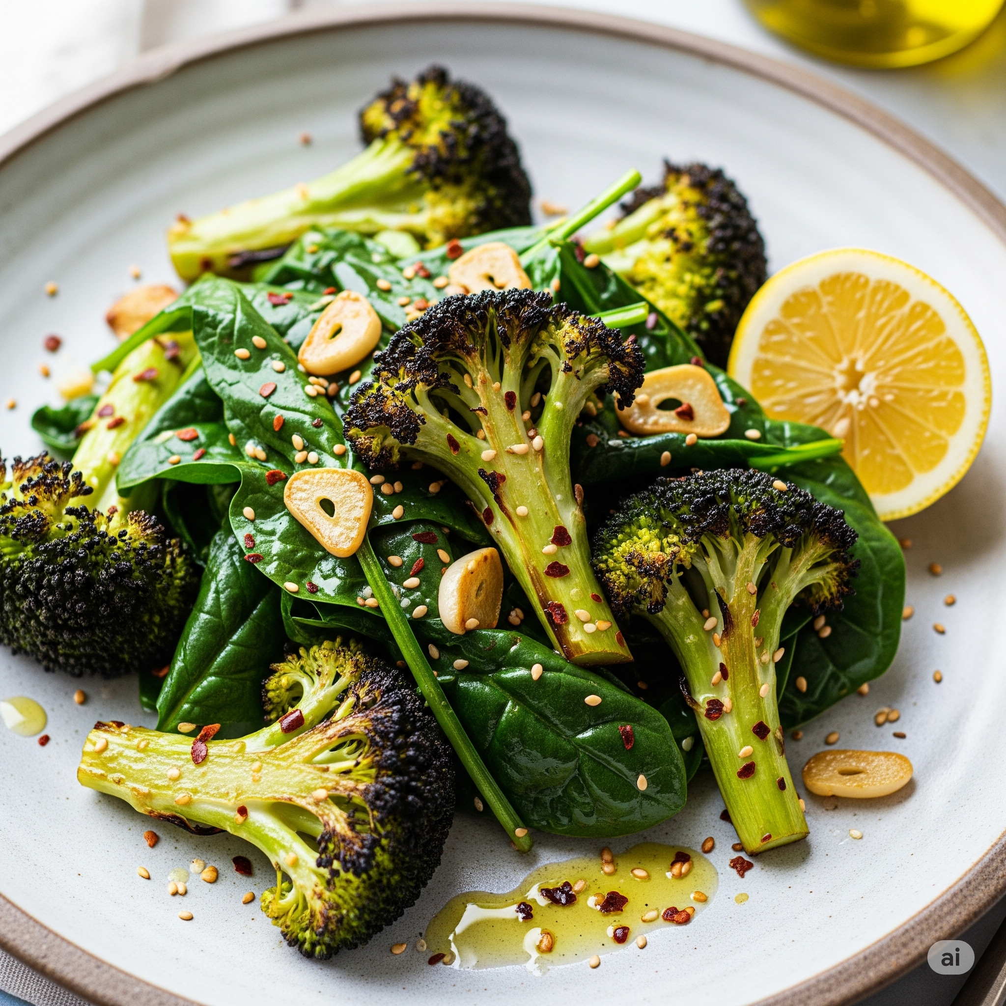 브로콜리, 마늘, 시금치로 만든 건강한 요리입니다.