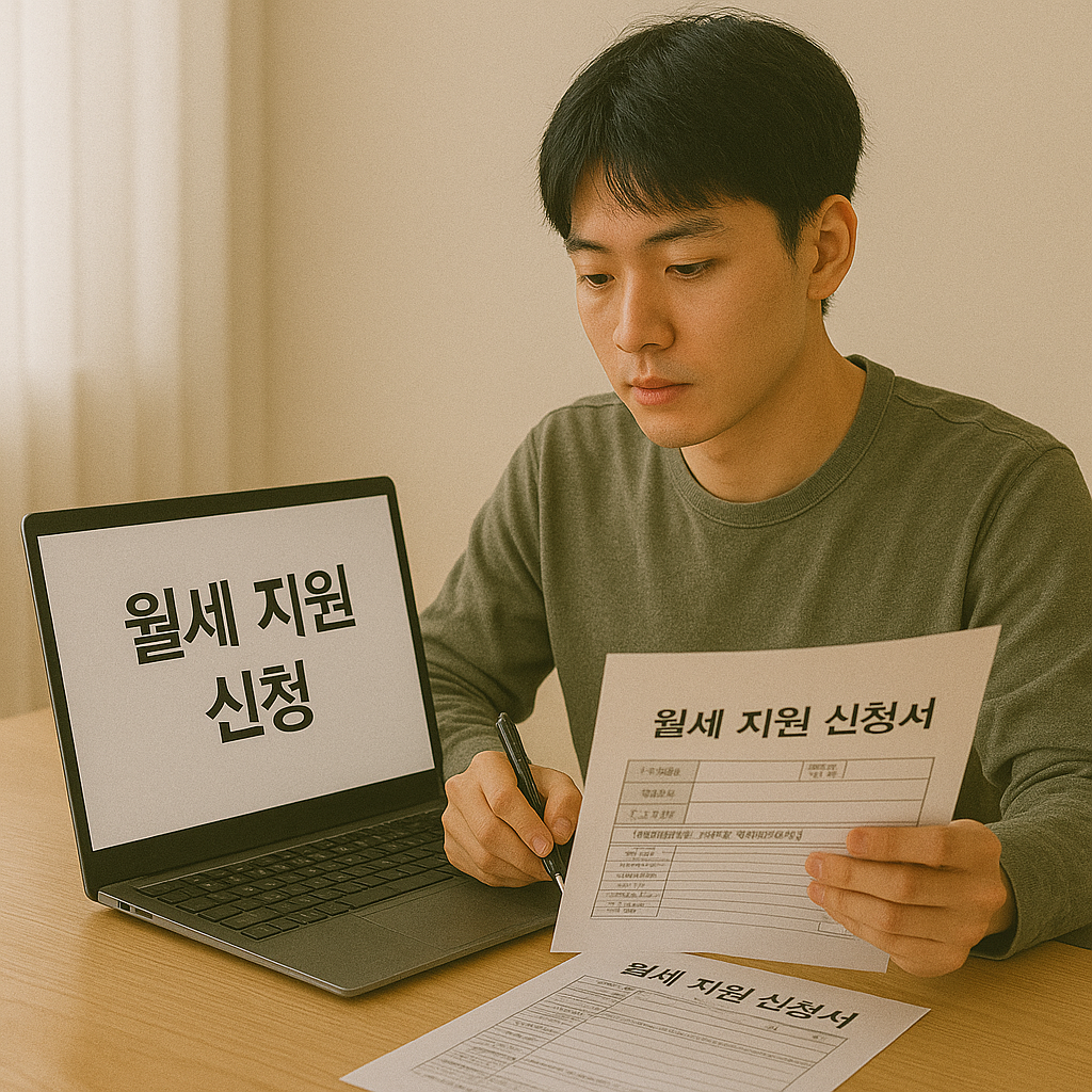 년이 월세 지원 신청을 위해 서류를 준비하는 모습