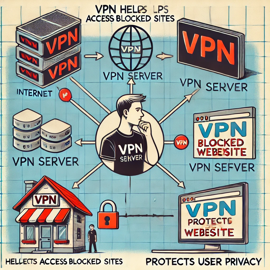 VPN을 사용하여 차단된 해외 직구 사이트에 접속하는 방법 설명 이미지 – VPN 개념 다이어그램
