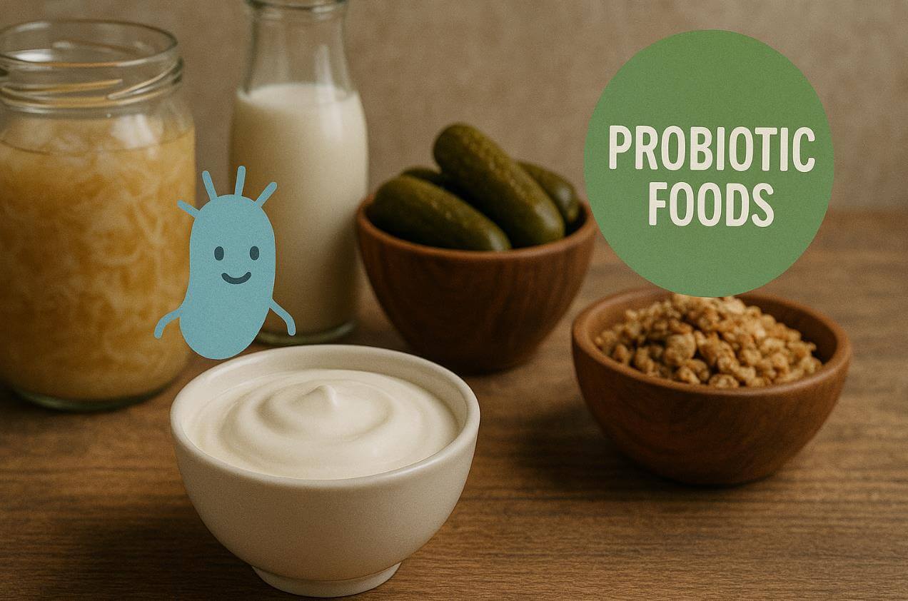 요거트, 피클, 발효 곡물 등 프로바이오틱 발효 식품.