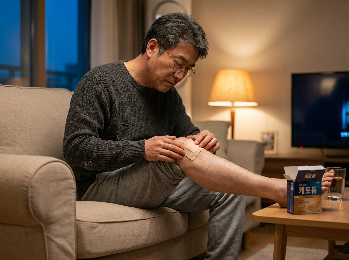 거실 소파에 앉아 무릎에 파스를 붙이며 통증을 참는 한국인 중년 남성