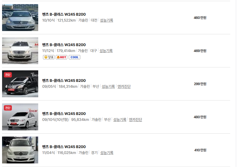 벤츠 b 클래스 중고차 가격 시세표 유지비