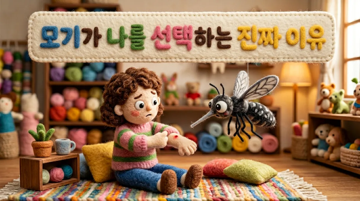 니들 펠트 양모로 만든 귀여운 모기 캐릭터가 팔을 확인하는 사람을 향해 날아가는 장면, 상단에 '모기가 나를 선택하는 진짜 이유' 한글 텍스트 오버레이, 따뜻한 파스텔 톤