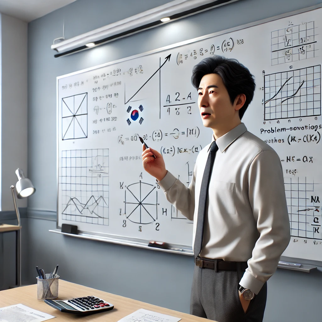 교실에서 화이트보드에 문제 풀이 단계를 설명하는 중년 남성