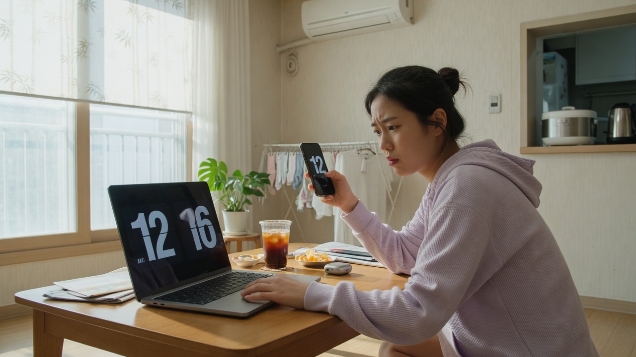 노트북 시계와 휴대폰 시각을 비교하는 사람